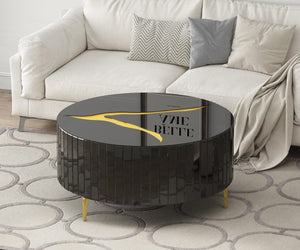 Homeroots 40" Black And Gold Mirrored Glass Round Coffee Table - Modern Chic Design For Stylish Interiors   571666