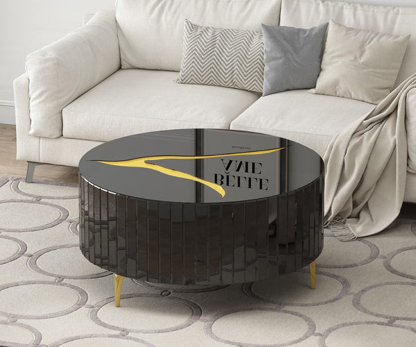Homeroots 40" Black And Gold Mirrored Glass Round Coffee Table - Modern Chic Design For Stylish Interiors   571666