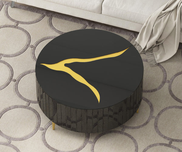 Homeroots 40" Black And Gold Mirrored Glass Round Coffee Table - Modern Chic Design For Stylish Interiors   571666