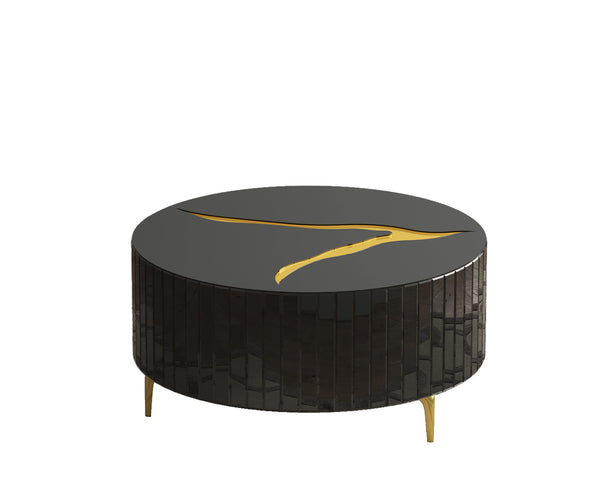 Homeroots 40" Black And Gold Mirrored Glass Round Coffee Table - Modern Chic Design For Stylish Interiors   571666