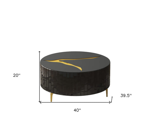 Homeroots 40" Black And Gold Mirrored Glass Round Coffee Table - Modern Chic Design For Stylish Interiors   571666
