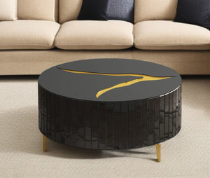 Homeroots 40" Black And Gold Mirrored Glass Round Coffee Table - Modern Chic Design For Stylish Interiors   571666
