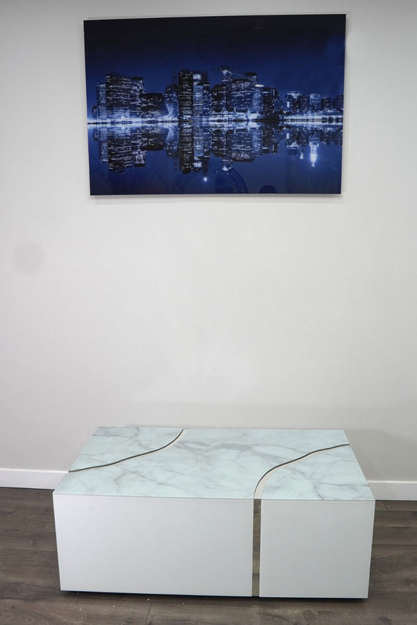 Homeroots 48" Stylish White And Silver Glass Coffee Table With Solid Wood Base For Modern Living Rooms   571667