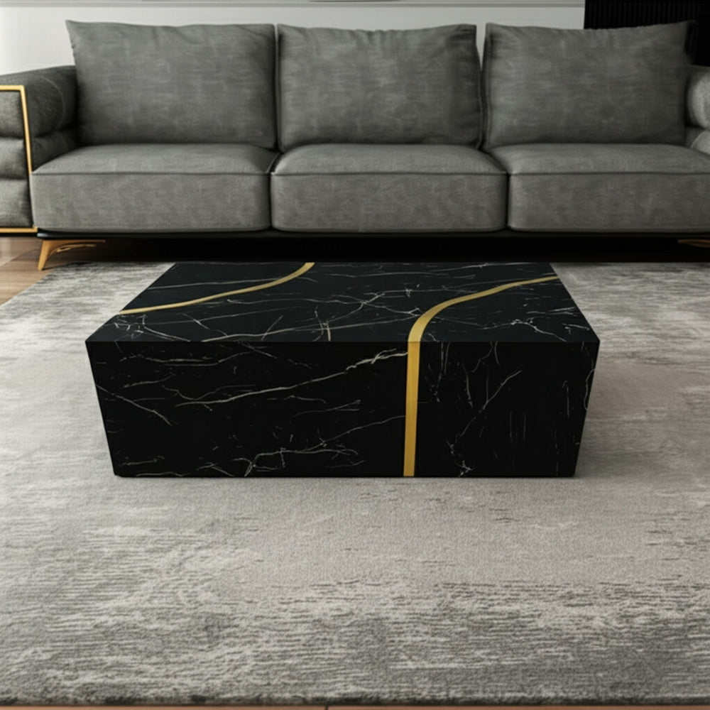 Homeroots 48" Black And Gold Faux Marble Coffee Table - Modern Solid Base Design For Chic Living Spaces   571668