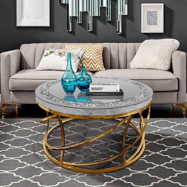 Homeroots 36" Silver And Gold Mirrored Glass Coffee Table With Faux Crystal Top And Stylish Geometric Base   571670