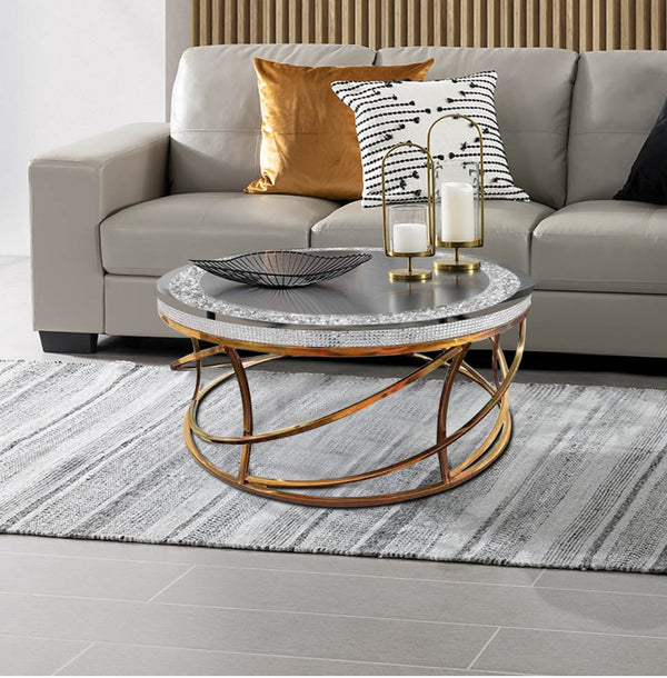 Homeroots 36" Silver And Gold Mirrored Glass Coffee Table With Faux Crystal Top And Stylish Geometric Base   571670