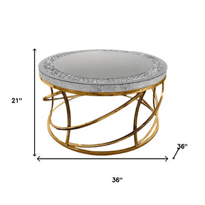 Homeroots 36" Silver And Gold Mirrored Glass Coffee Table With Faux Crystal Top And Stylish Geometric Base   571670