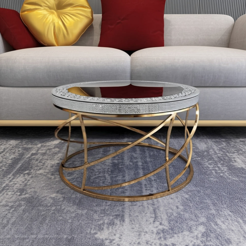 Homeroots 36" Silver And Gold Mirrored Glass Coffee Table With Faux Crystal Top And Stylish Geometric Base   571670