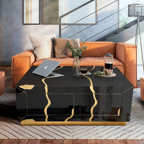 Homeroots 40" Black And Gold Modern Coffee Table With Drawers - Chic Solid Wood Base For Stylish Living Spaces   571671