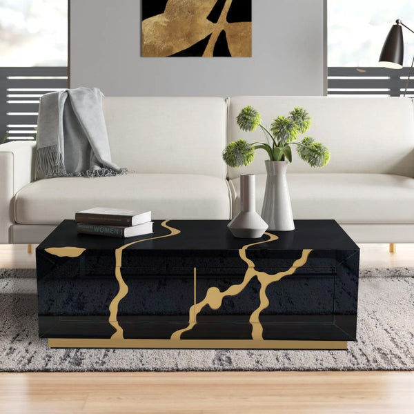 Homeroots 40" Black And Gold Modern Coffee Table With Drawers - Chic Solid Wood Base For Stylish Living Spaces   571671