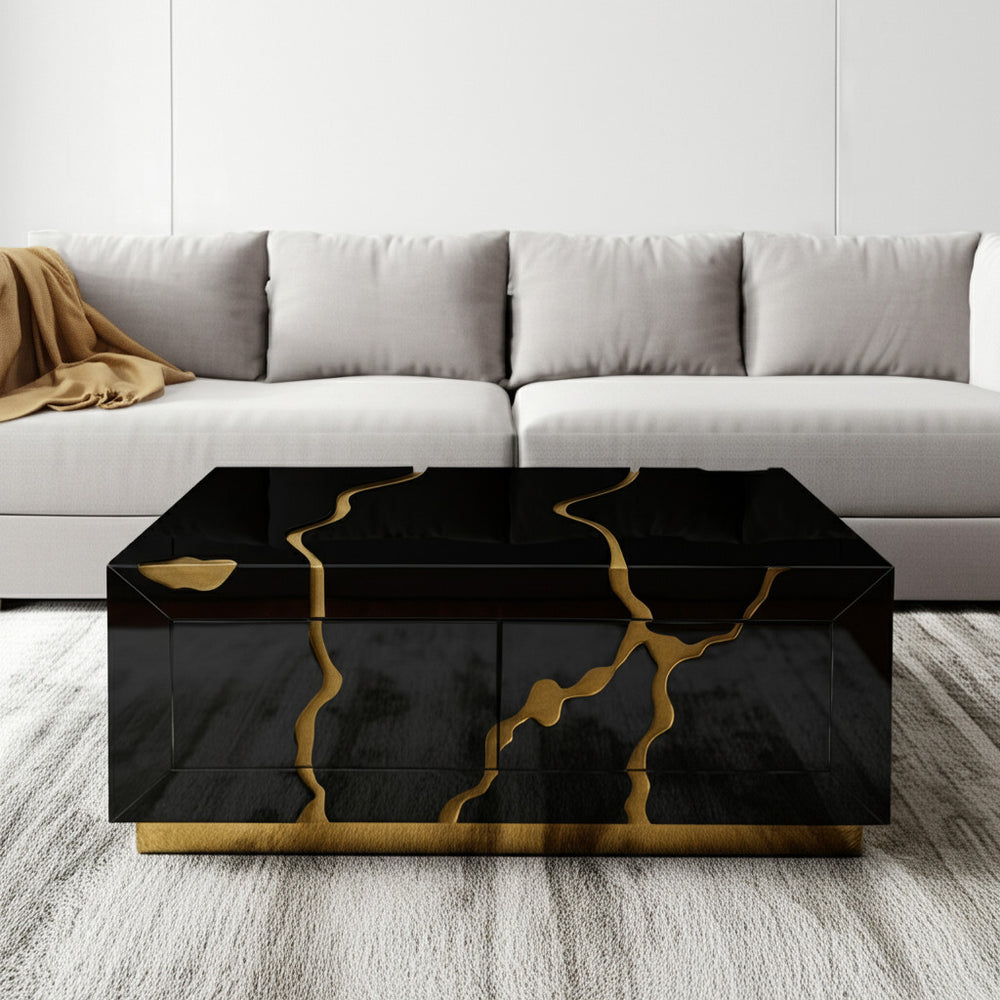 Homeroots 40" Black And Gold Modern Coffee Table With Drawers - Chic Solid Wood Base For Stylish Living Spaces   571671