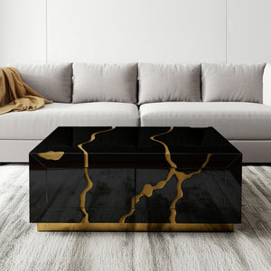 Homeroots 40" Black And Gold Modern Coffee Table With Drawers - Chic Solid Wood Base For Stylish Living Spaces   571671