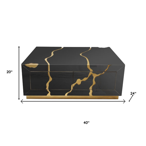 Homeroots 40" Black And Gold Modern Coffee Table With Drawers - Chic Solid Wood Base For Stylish Living Spaces   571671