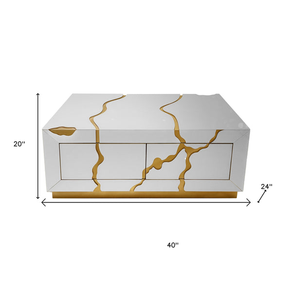 Homeroots 40" White And Gold Solid Wood Coffee Table With Contemporary Design And Two Convenient Drawers   571672