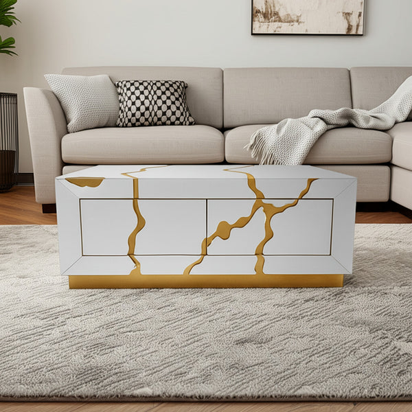 Homeroots 40" White And Gold Solid Wood Coffee Table With Contemporary Design And Two Convenient Drawers   571672