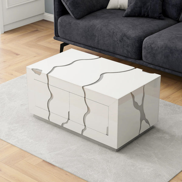 Homeroots 40" White And Silver Modern Abstract Coffee Table With 4 Drawers For Stylish Living Room Decor   571673
