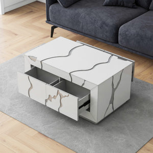 Homeroots 40" White And Silver Modern Abstract Coffee Table With 4 Drawers For Stylish Living Room Decor   571673