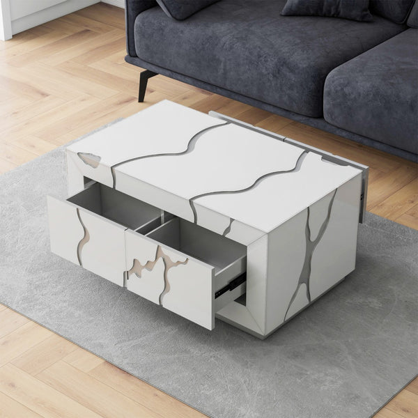 Homeroots 40" White And Silver Modern Abstract Coffee Table With 4 Drawers For Stylish Living Room Decor   571673