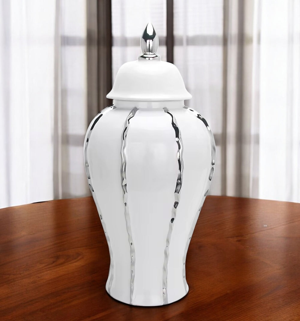 Homeroots 15" White And Silver Striped Urn Crystal Ginger Jar  Crystal 571674