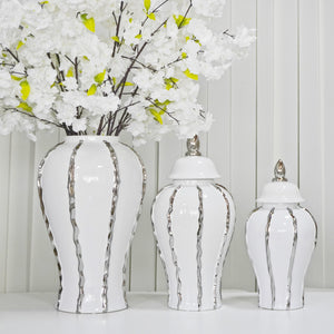 Homeroots 15" White And Silver Striped Urn Crystal Ginger Jar  Crystal 571674