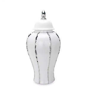 Homeroots 19" White And Silver Striped Urn Crystal Ginger Jar  Crystal 571675
