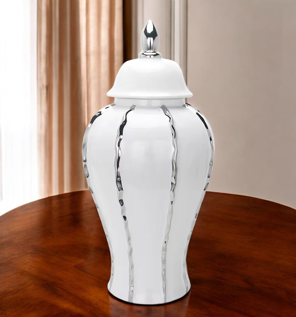 Homeroots 19" White And Silver Striped Urn Crystal Ginger Jar  Crystal 571675