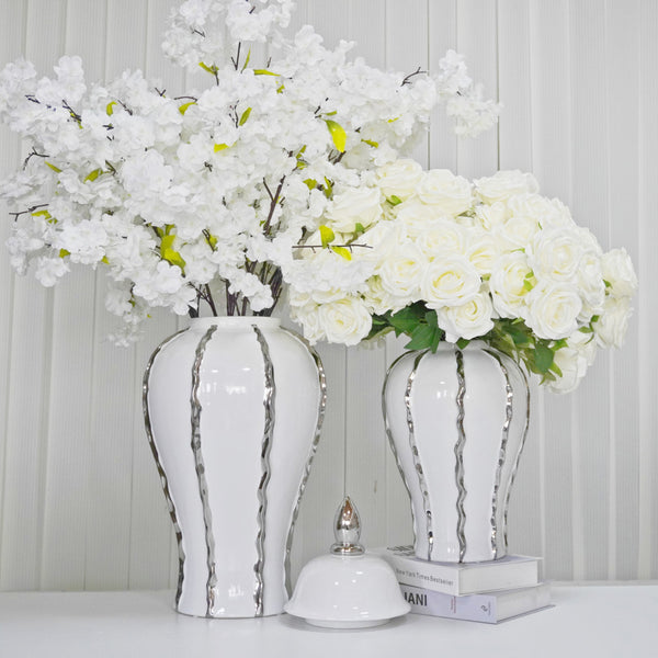 Homeroots 19" White And Silver Striped Urn Crystal Ginger Jar  Crystal 571675