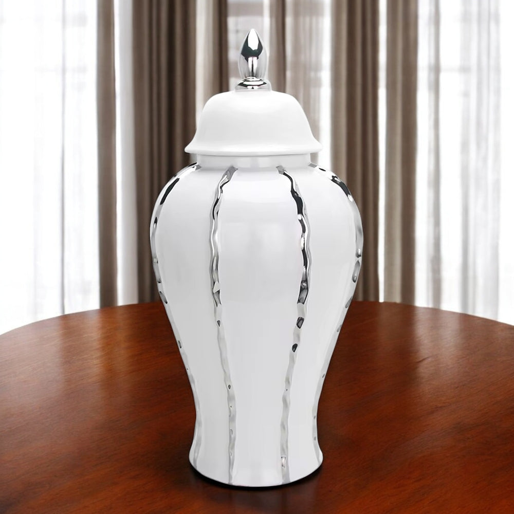 Homeroots 25" White And Silver Striped Urn Crystal Ginger Jar  Crystal 571676