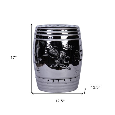 Homeroots 17" Silver Ceramic Round Drum End Table - Stylish Accent For Living Room Or Entryway Decor   571688