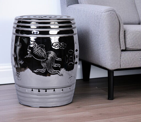 Homeroots 17" Silver Ceramic Round Drum End Table - Stylish Accent For Living Room Or Entryway Decor   571688