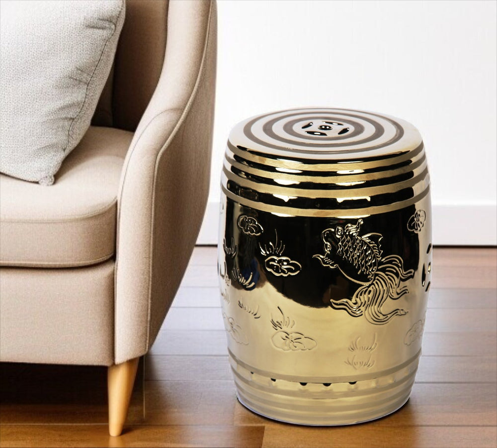 Homeroots 17" Gold Ceramic Round Drum End Table - Unique Asian-inspired Accent For Living Room Or Entryway   571689