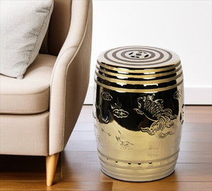 Homeroots 17" Gold Ceramic Round Drum End Table - Unique Asian-inspired Accent For Living Room Or Entryway   571689