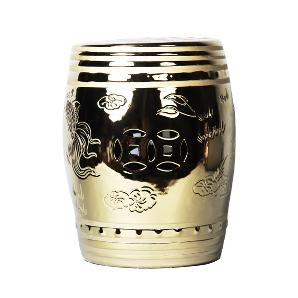 Homeroots 17" Gold Ceramic Round Drum End Table - Unique Asian-inspired Accent For Living Room Or Entryway   571689