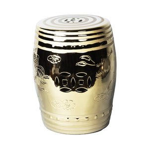 Homeroots 17" Gold Ceramic Round Drum End Table - Unique Asian-inspired Accent For Living Room Or Entryway   571689