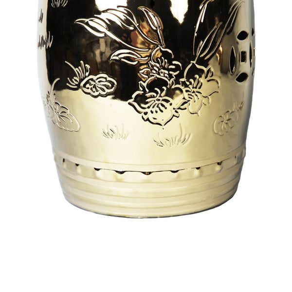 Homeroots 17" Gold Ceramic Round Drum End Table - Unique Asian-inspired Accent For Living Room Or Entryway   571689