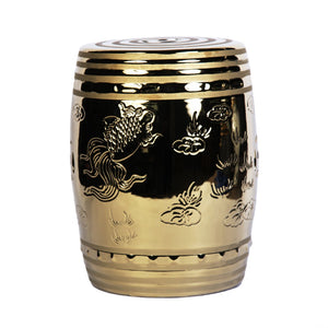 Homeroots 17" Gold Ceramic Round Drum End Table - Unique Asian-inspired Accent For Living Room Or Entryway   571689