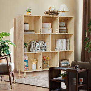 English Elm Pine Solid Wood Eight Compartment Bookcase Natural Grain Organizer for Home or Office W3166P346816