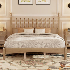 English Elm Queen Wood Platform Bed with Gourd-Shaped Headboard, Retro-Inspired Solid Frame, Slat Support, Sturdy Elegance Natural 64.8 L x 17.5 W x 9.5 H N733P206242M