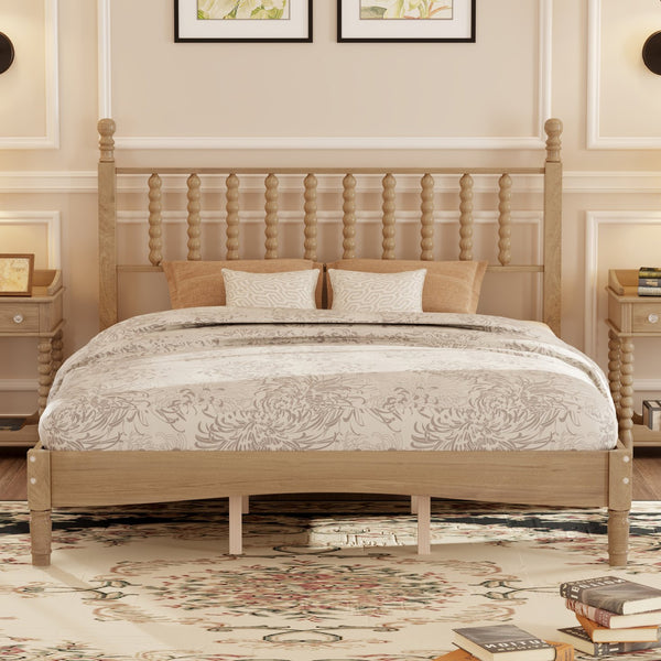 English Elm Queen Wood Platform Bed with Gourd-Shaped Headboard, Retro-Inspired Solid Frame, Slat Support, Sturdy Elegance Natural 64.8 L x 17.5 W x 9.5 H N733P206242M