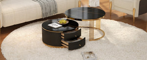 English Elm Modern Round Nesting Coffee Table Set with Gold Pedestal Legs and Storage Drawers Black N735P349323B