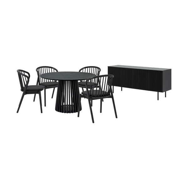 Homeroots Six Piece Black Round Dining Set With Four Chairs And Sideboard  Wood 571714