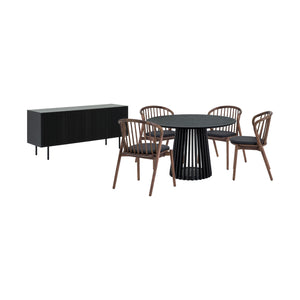 Homeroots Six Piece Black Round Dining Set With Four Chairs And Sideboard  Wood 571715
