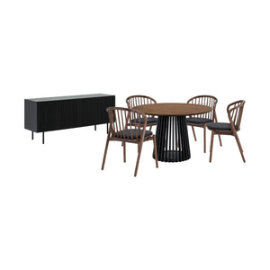Homeroots Six Piece Brown And Black Round Dining Set With Four Chairs And Sideboard  Wood 571716