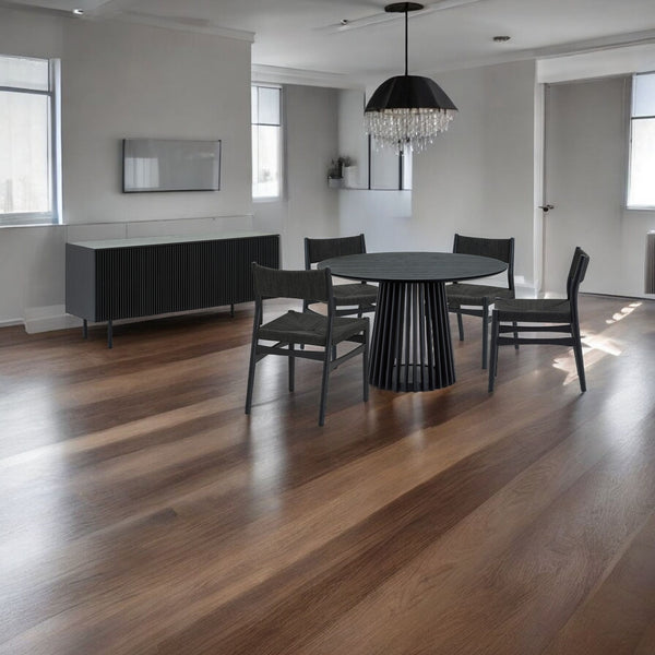 Homeroots Six Piece Black Round Dining Set With Four Chairs And Sideboard  Wood 571730