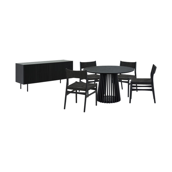 Homeroots Six Piece Black Round Dining Set With Four Chairs And Sideboard  Wood 571730