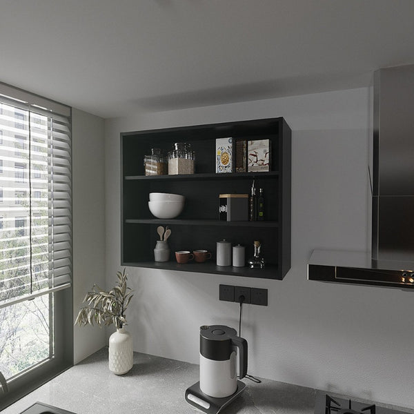 HomeRoots 36" Black Wood Three-Tier Floating Shelf - Modern Wall-Mounted Design for Stylish Home Organization 571739