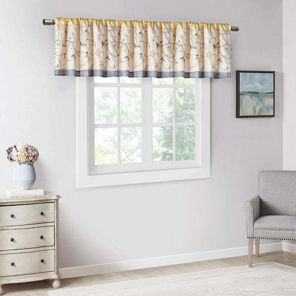 JLA Home Madison Park - Embroidered Window Valance with Floral Stitching, Lined Pleated Design Filters Light for Elegance Yellow MP41-5479