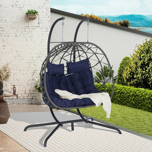 English Elm Double Hanging Egg Chair with Freestanding Iron Stand Woven Wicker Patio Swing Seat W874P270573