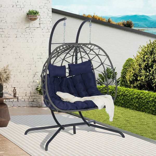 English Elm Double Hanging Egg Chair with Freestanding Iron Stand Woven Wicker Patio Swing Seat W874P270573