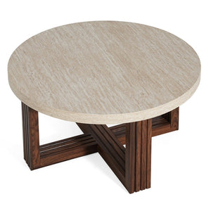 English Elm Round Marble Pattern Coffee Table with Cross Wood Base for Modern Living Rooms N770P365808M